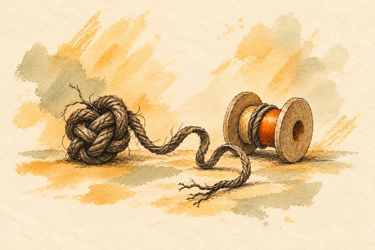A knotted cord unravels beside a wooden spool with an orange core.