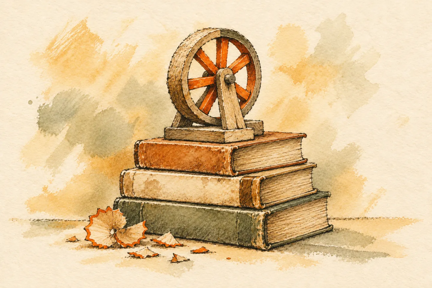 Books support a wooden practice wheel with an orange spoke.