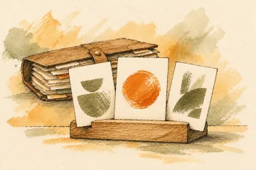 Three carefully arranged art cards on a wooden display stand.