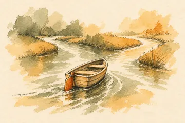 A wooden boat turns its orange rudder toward a new course.