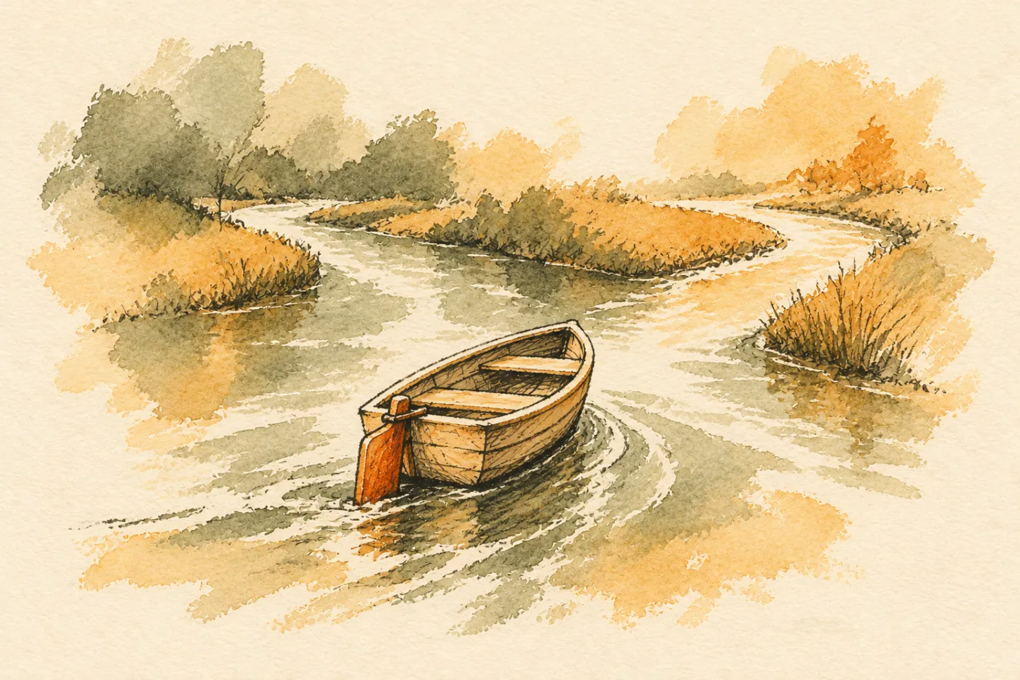 A wooden boat turns its orange rudder toward a new course.