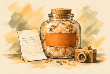 A jar of bath salts sits beside a blank invoice and a small camera.