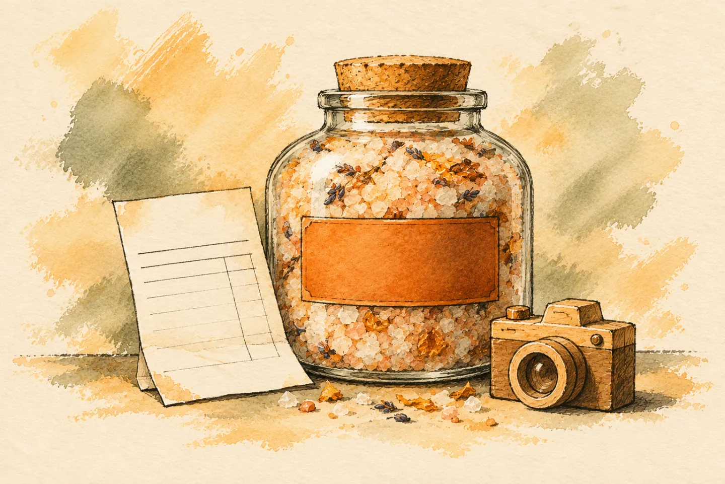 A jar of bath salts sits beside a blank invoice and a small camera.