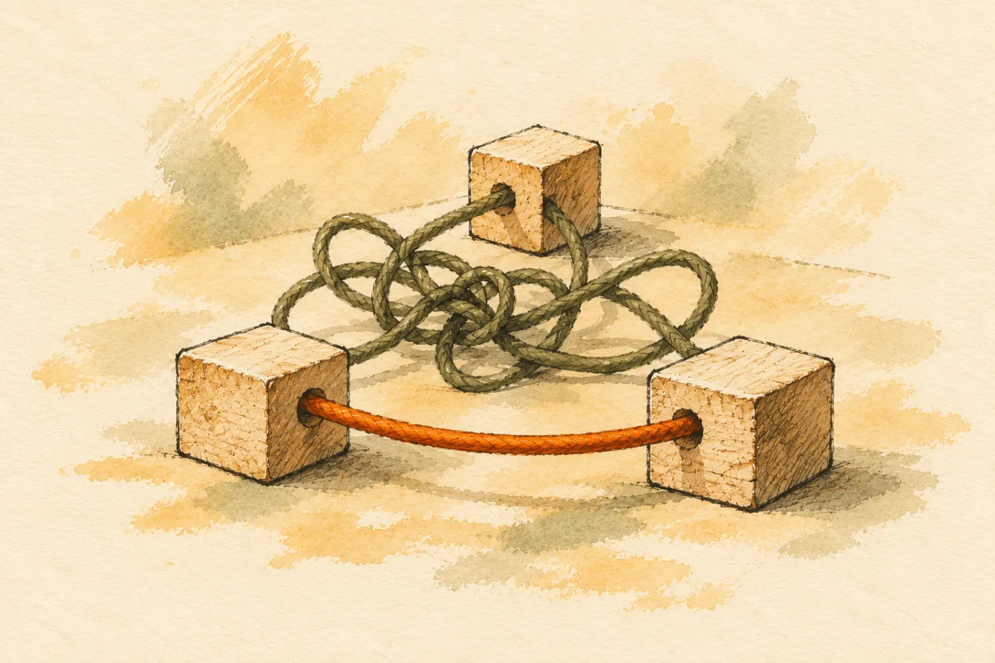 Ink and watercolour illustration of wooden blocks connected by tangled olive cords and one clear orange connection.