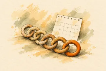 A continuous chain of wooden rings with one orange ring.