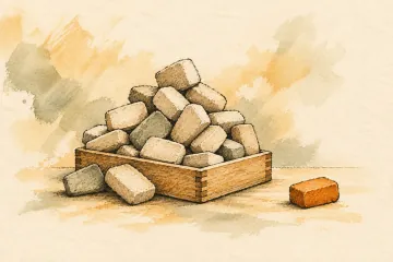 An overflowing tray of wooden blocks with one orange block set aside.