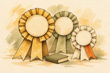 A small book dwarfed by oversized blank award rosettes.