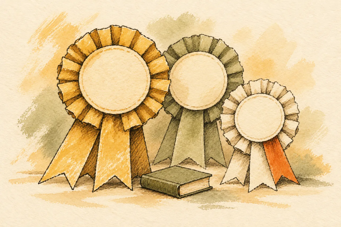 A small book dwarfed by oversized blank award rosettes.