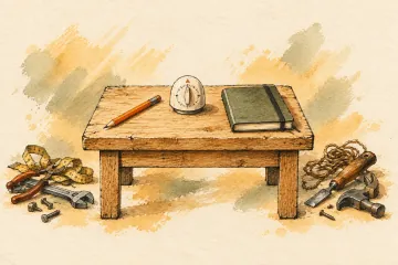A tidy workbench with a pencil, timer and notebook.