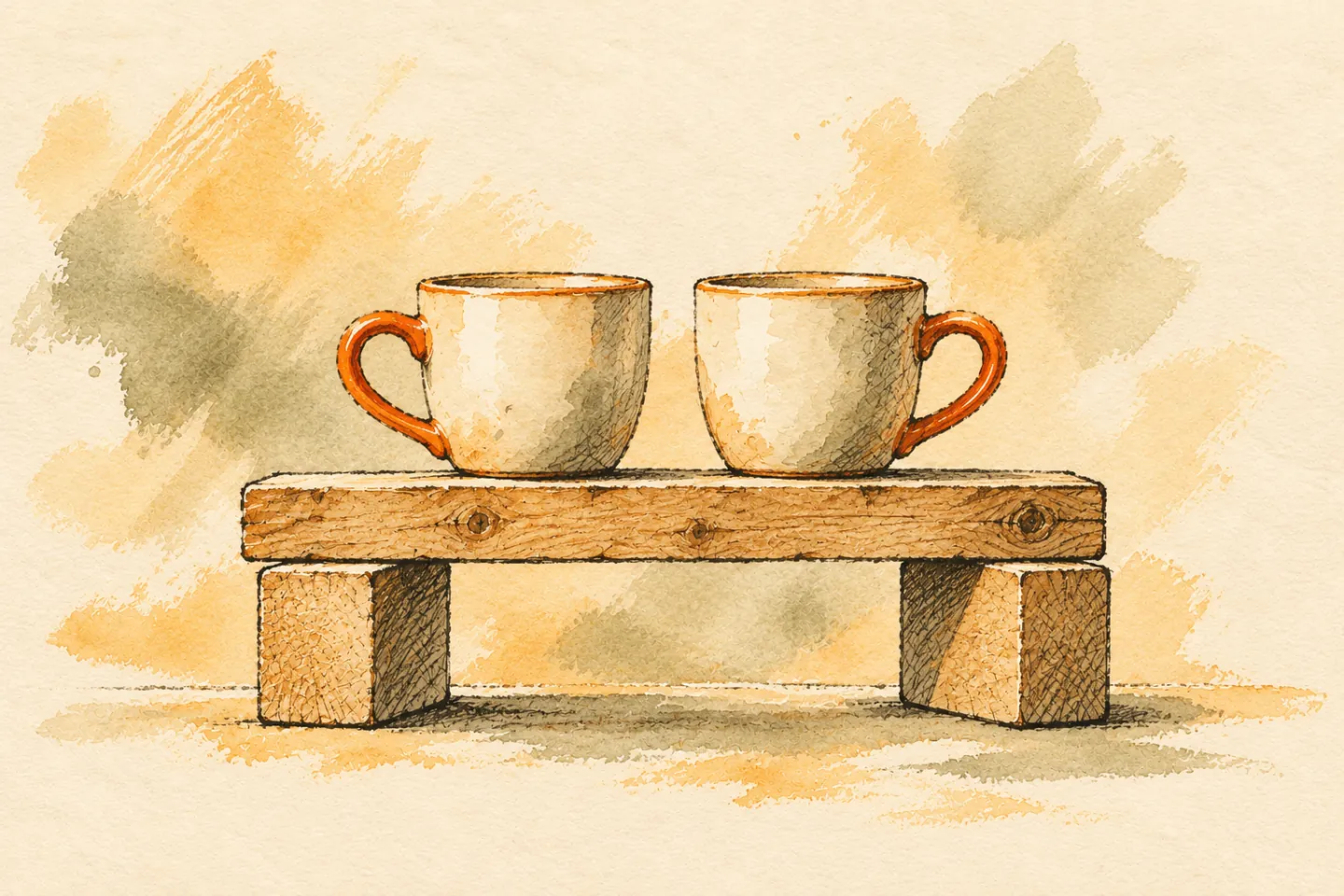 Two cups sit together on a firmly supported wooden plank.