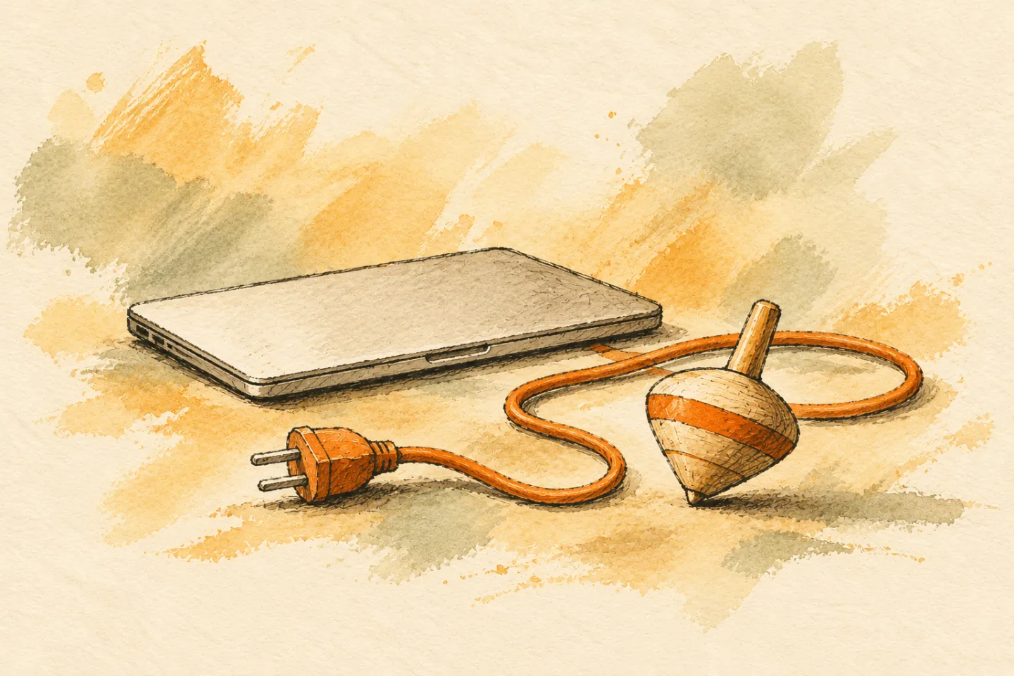 An unplugged cord beside a wooden spinning top and a closed laptop.