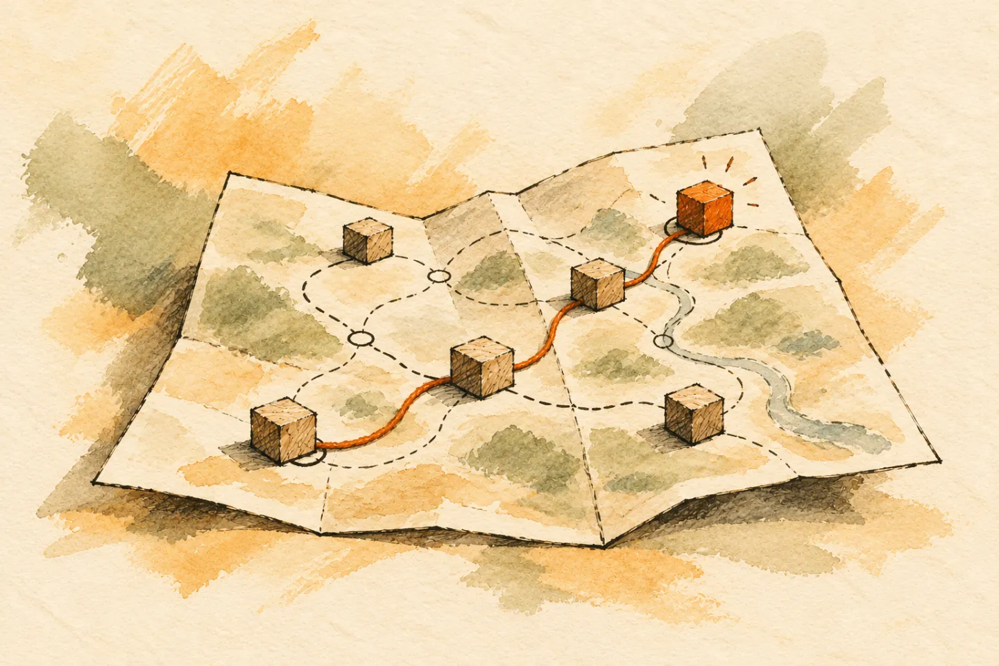 Wooden project blocks arranged along a folded map with an orange route.
