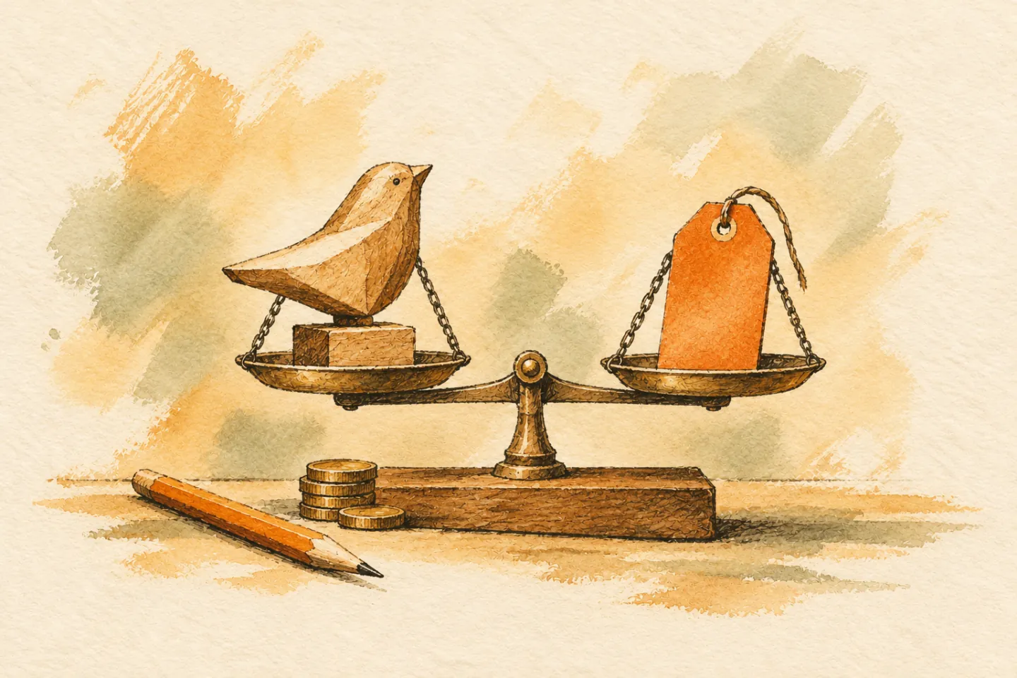 A crafted wooden object balances against an orange price tag.