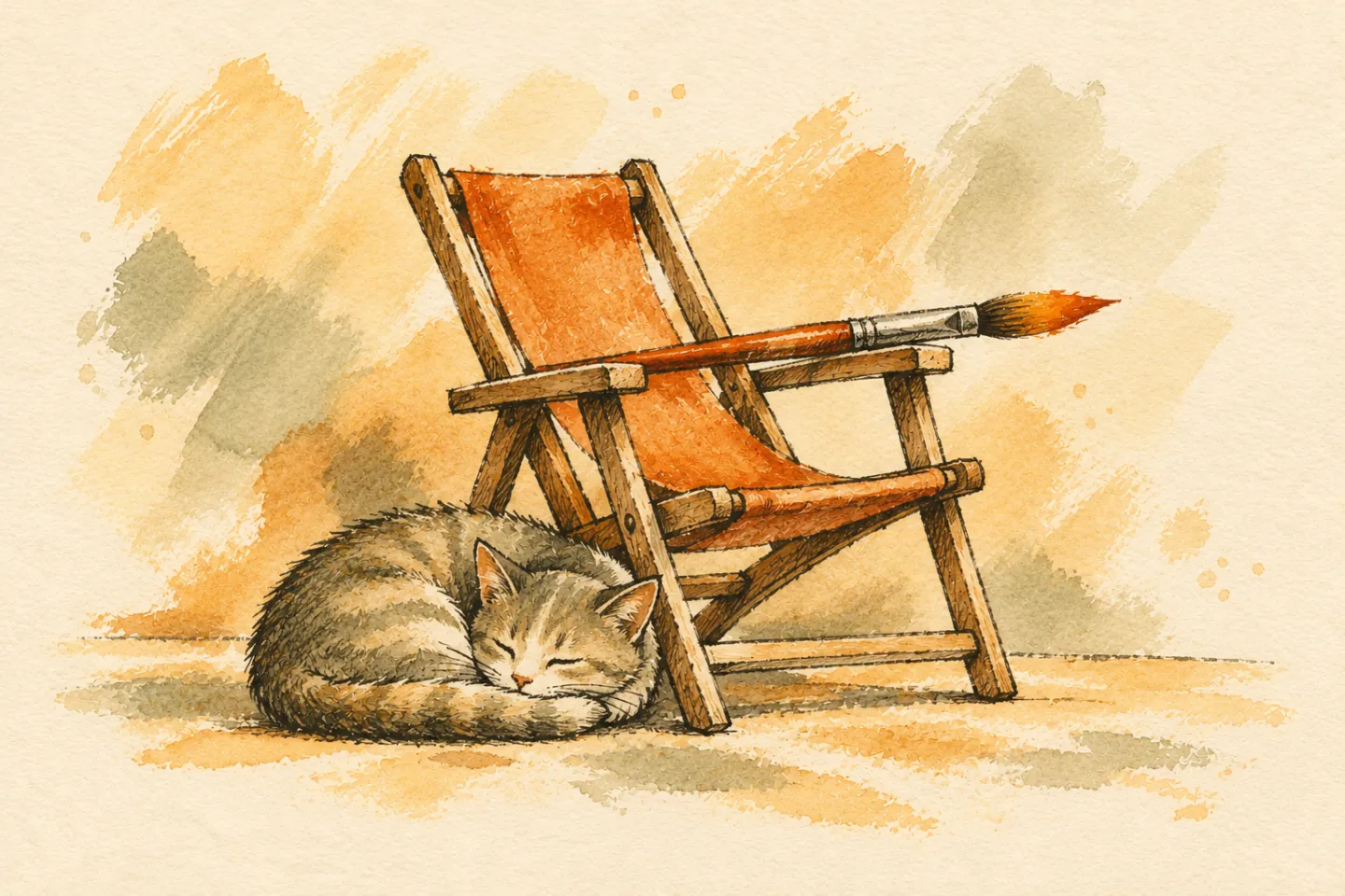 A paintbrush resting on a small deckchair beside a sleeping cat.