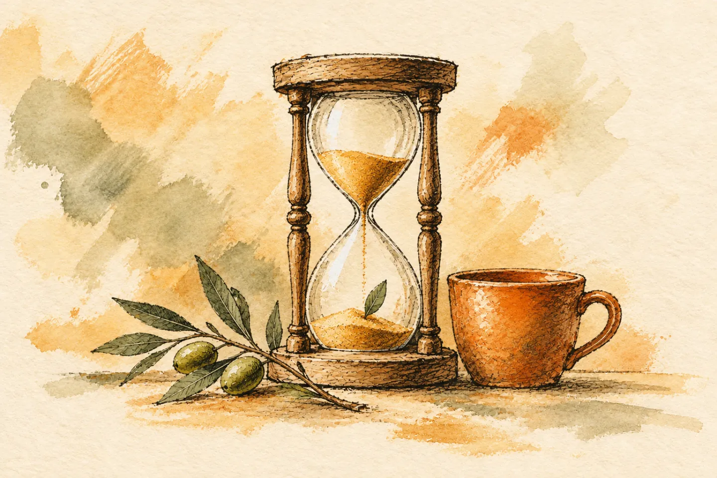 A wooden hourglass stands beside a fresh olive sprig and an orange cup.