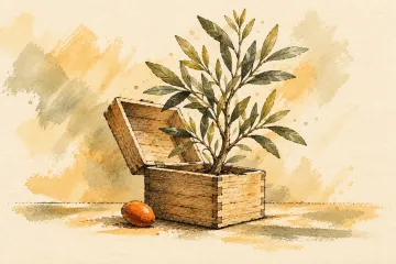 An olive plant grows beyond an open wooden seed box.