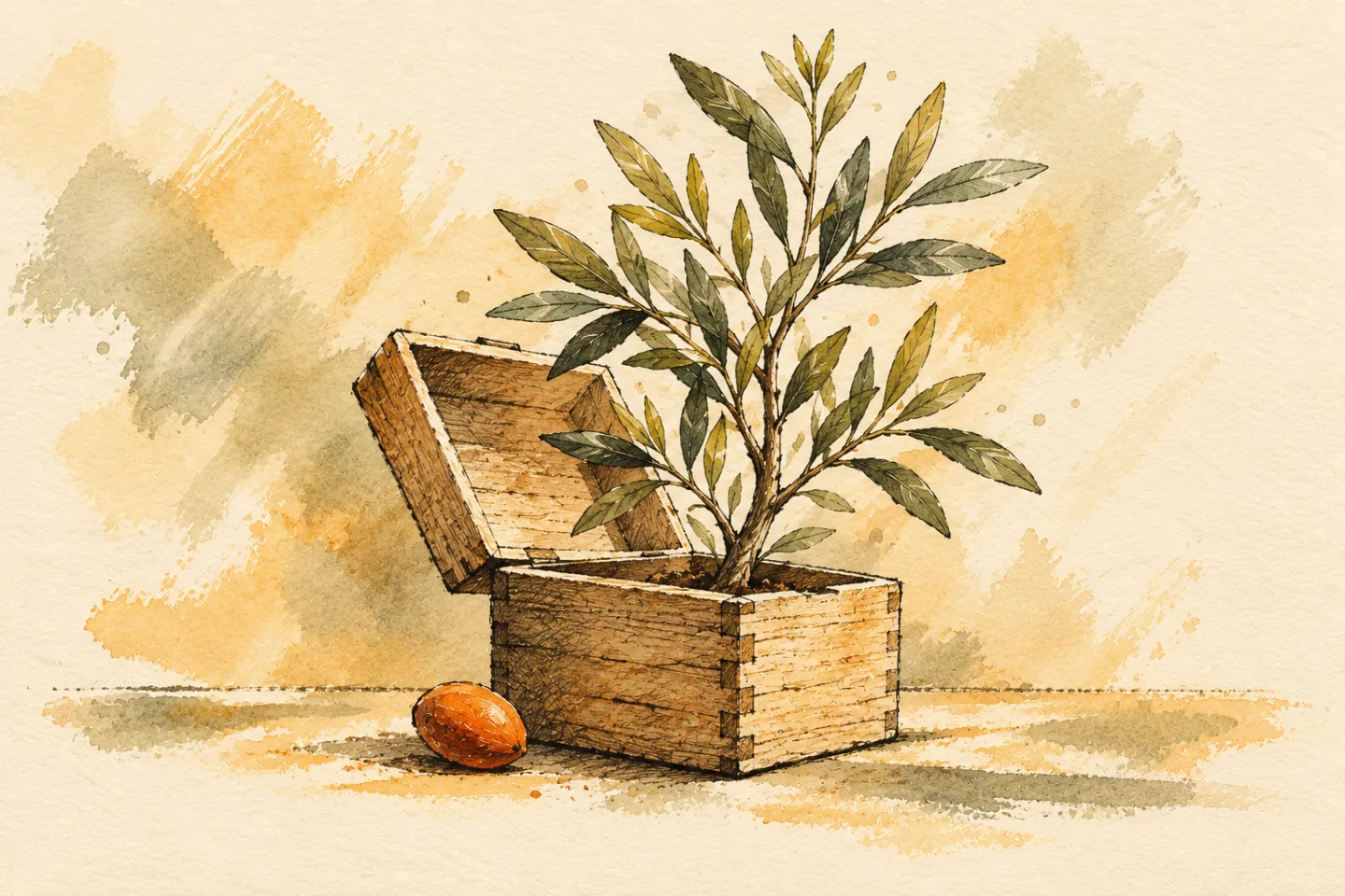 An olive plant grows beyond an open wooden seed box.