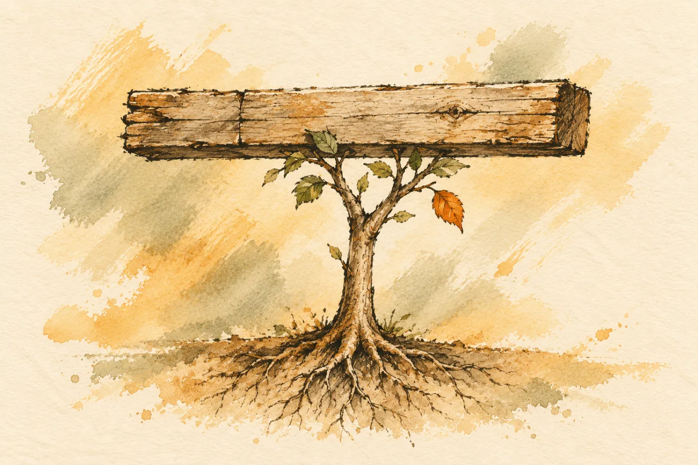 A rooted sapling supports a wooden beam, with one orange leaf.