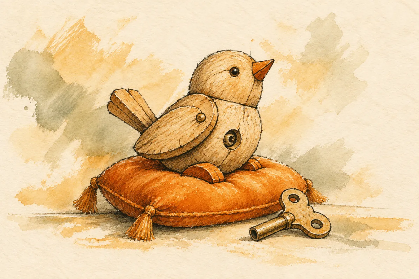 A wooden wind-up bird rests on an orange cushion beside its key.