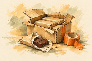 A damaged carton of unbranded chocolate bars and an orange tape roll.