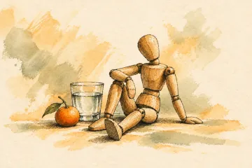 A wooden artist mannequin rests beside water and an orange fruit.