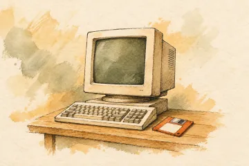A vintage CRT computer and keyboard beside an orange floppy disk.