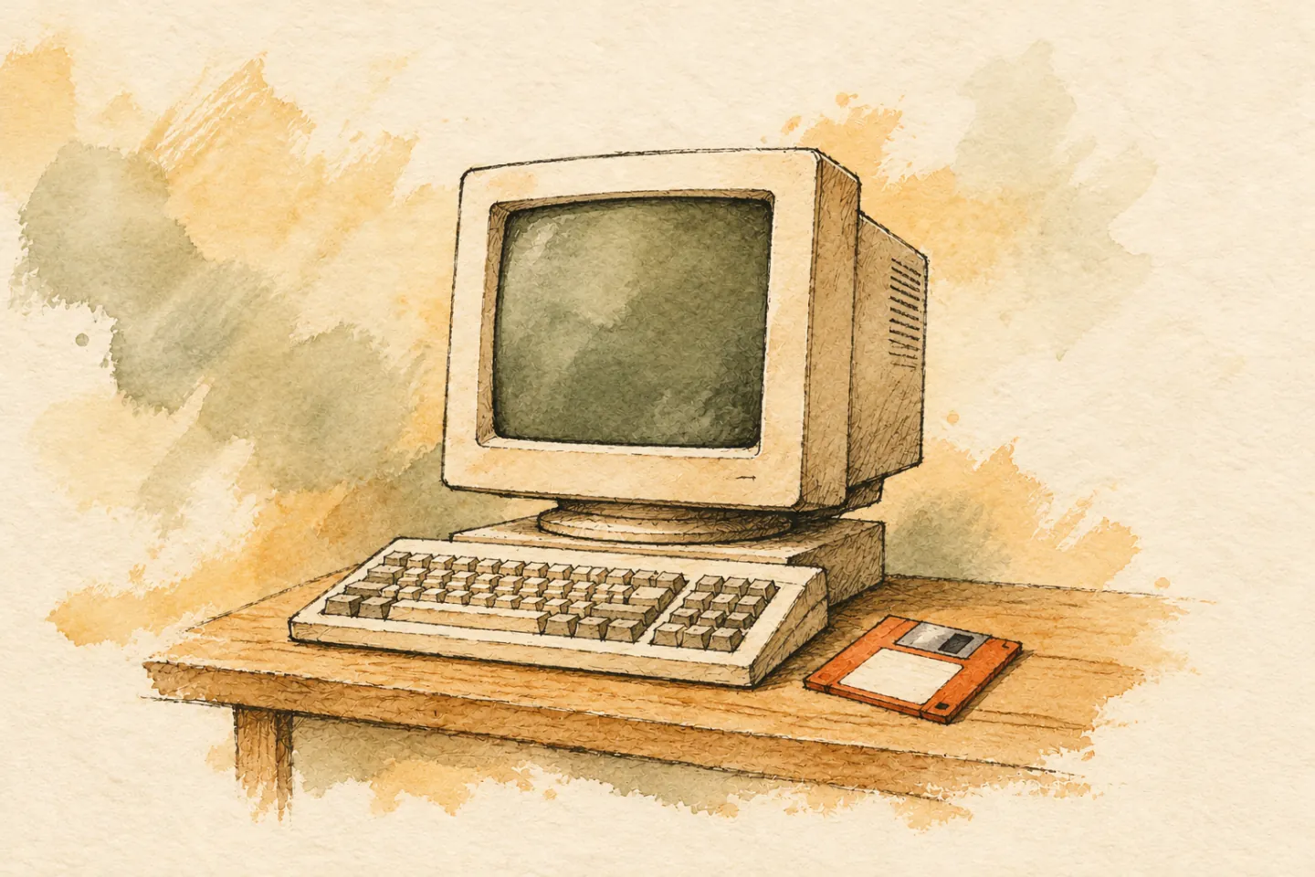 A vintage CRT computer and keyboard beside an orange floppy disk.