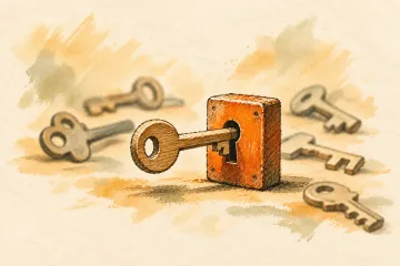 One wooden key fits an orange lock while other keys lie aside.