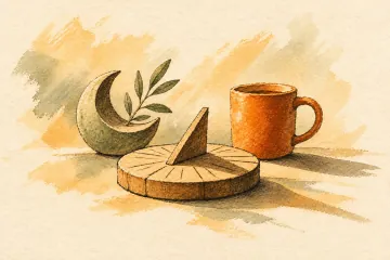 A sundial and orange mug beside a crescent-shaped ornament.