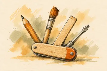 A wooden pocket-tool opens into a pencil, paintbrush, ruler and screwdriver.