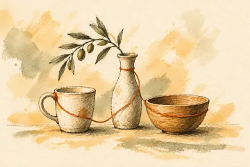 An orange thread connects a cup, a vase and a wooden bowl.