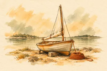 A sailboat rests ashore beside a neatly coiled orange rope.