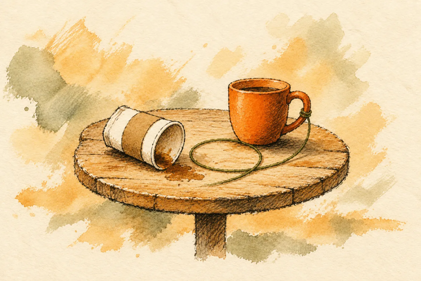 A durable orange mug beside a disposable paper cup.