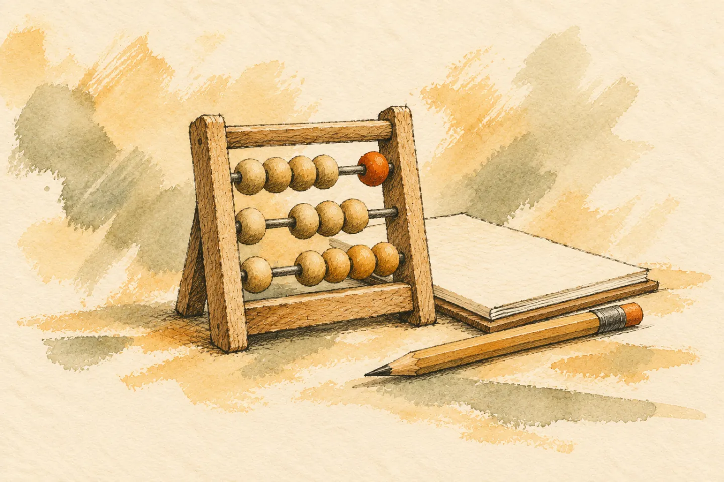 A wooden abacus beside a blank ledger and pencil.