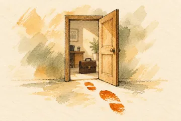 An open office doorway with a briefcase inside and an orange path leading out.