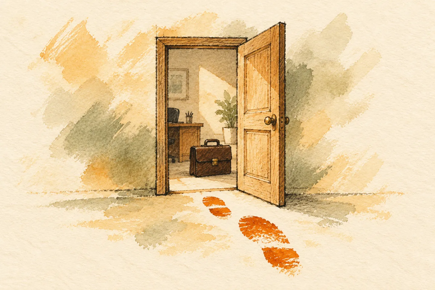 An open office doorway with a briefcase inside and an orange path leading out.