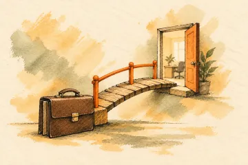 An orange-railed bridge connects a portfolio and an office doorway.