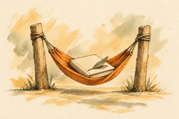 A small orange hammock holds a closed book and an olive leaf.