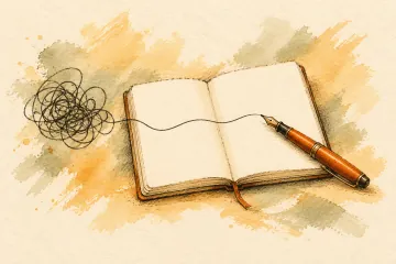 An orange pen and open notebook turn a tangled line into a clear flowing stroke.