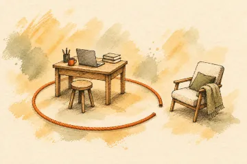 A cord marks a boundary around a miniature desk, with a chair beyond it.