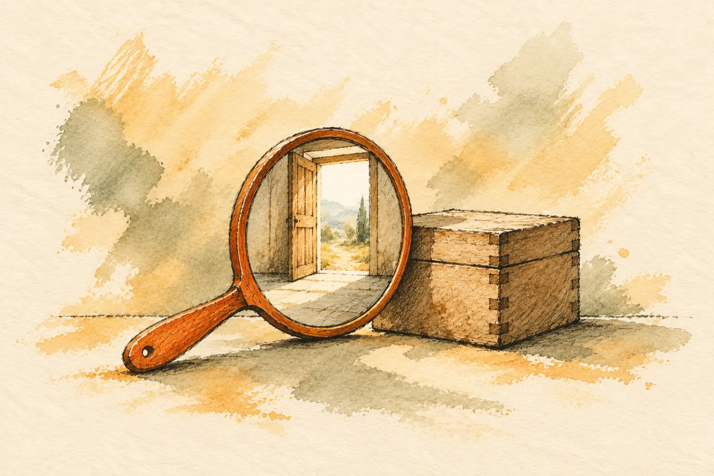 A hand mirror reflects an open doorway beside a wooden box.