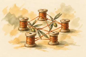 Wooden reels joined by a web of orange thread.