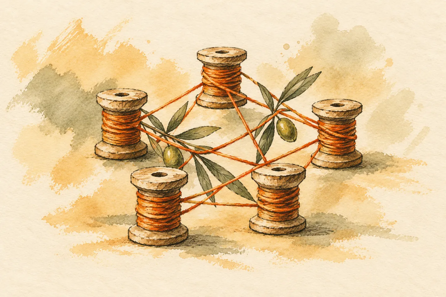 Wooden reels joined by a web of orange thread.