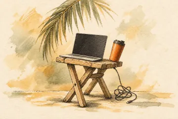 A laptop on an uneven stool with a tangled cable and drooping palm frond.