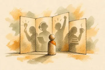 One wooden figure stands before a paper screen casting multiple shadows.