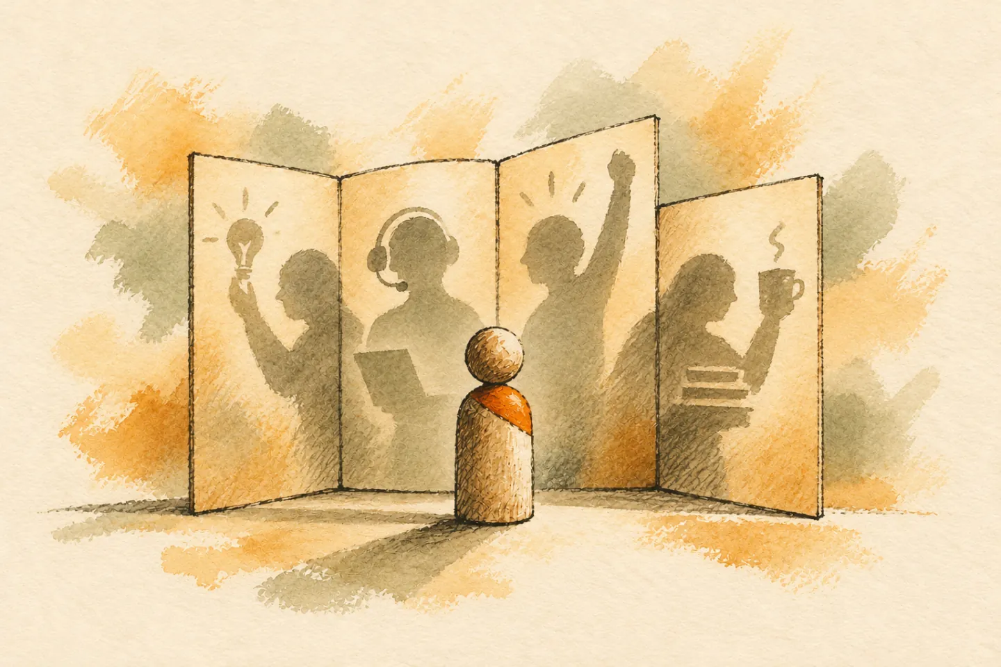 One wooden figure stands before a paper screen casting multiple shadows.