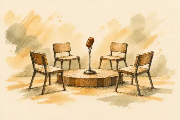 A microphone and chairs gathered around a small wooden stage.