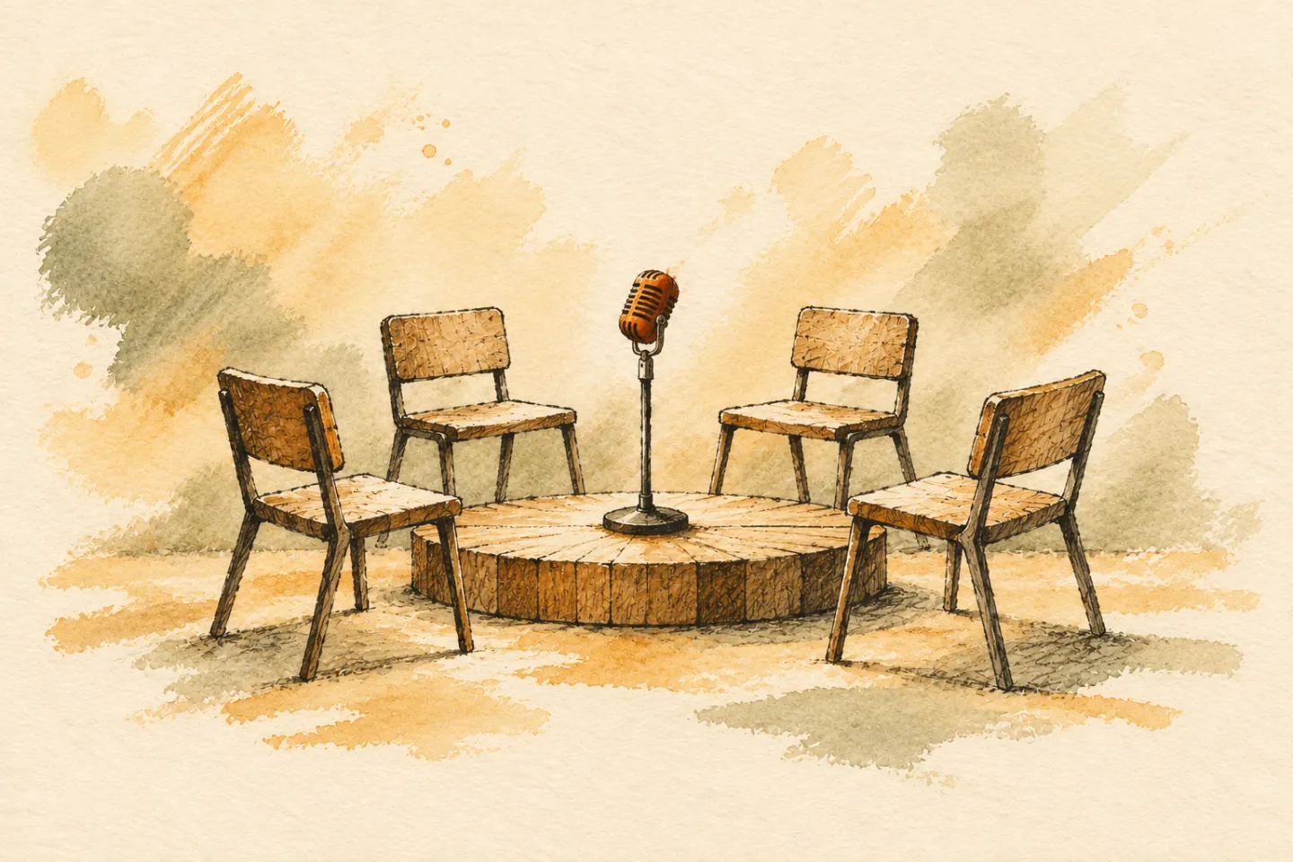 A microphone and chairs gathered around a small wooden stage.