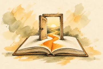 A wooden doorway rises from an open book with an orange path.