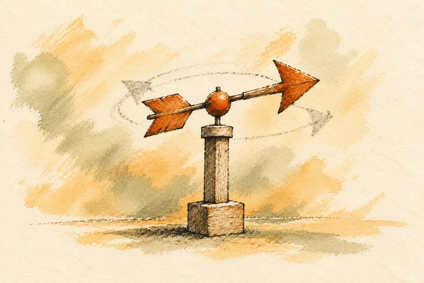 An orange weather vane turns toward a new direction.